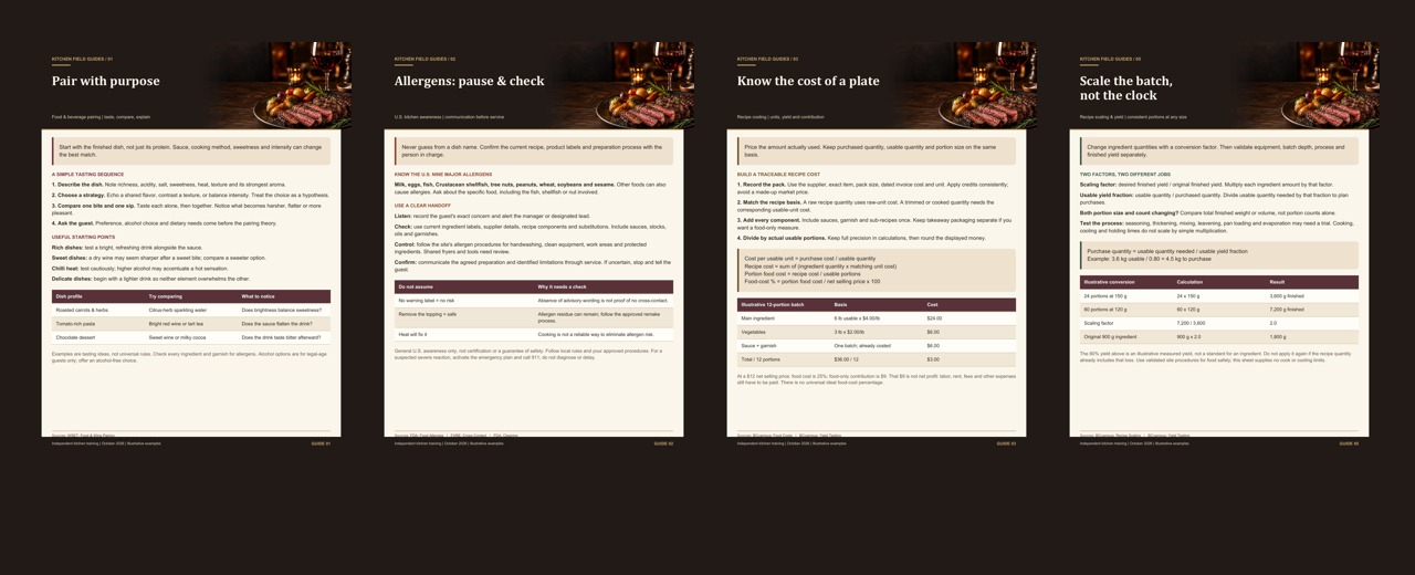 Sample pages showing the pairing, allergen awareness, recipe costing and scaling guides